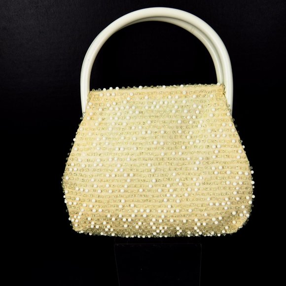 Lumured Corde Bead Evening Bag Ivory Wedding Vtg - Picture 3 of 8